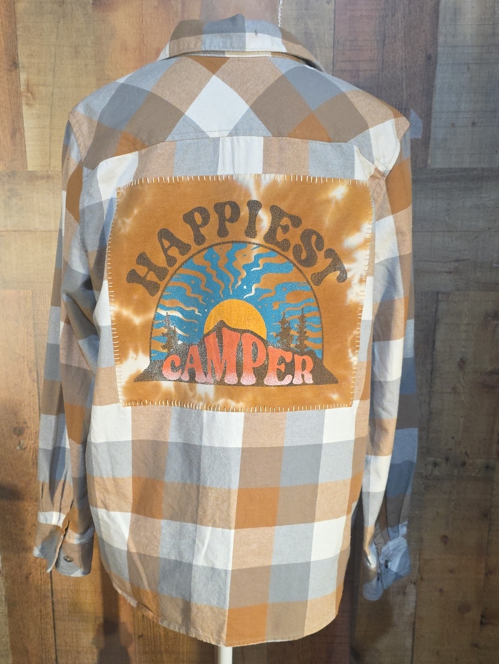 Upcucled Happiest Camper Plaid Button-Down Shirt Jacket - Tan & Cream